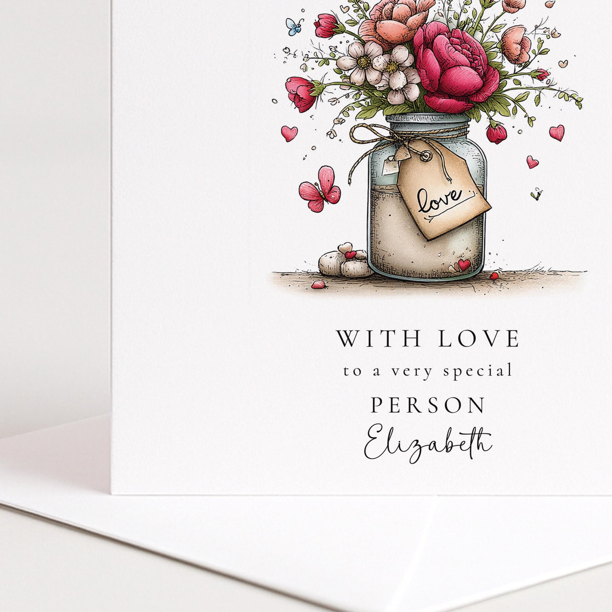 With Love Card, Floral Jar Greeting Card for a Special Person, Thinking of You Card, Personalised Name Card