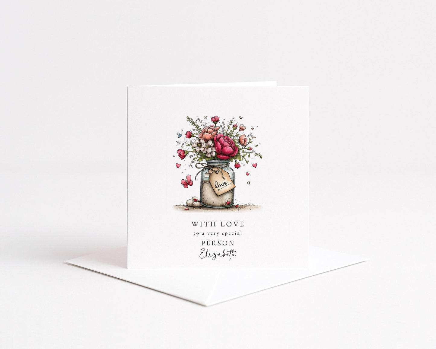With Love Card, Floral Jar Greeting Card for a Special Person, Thinking of You Card, Personalised Name Card