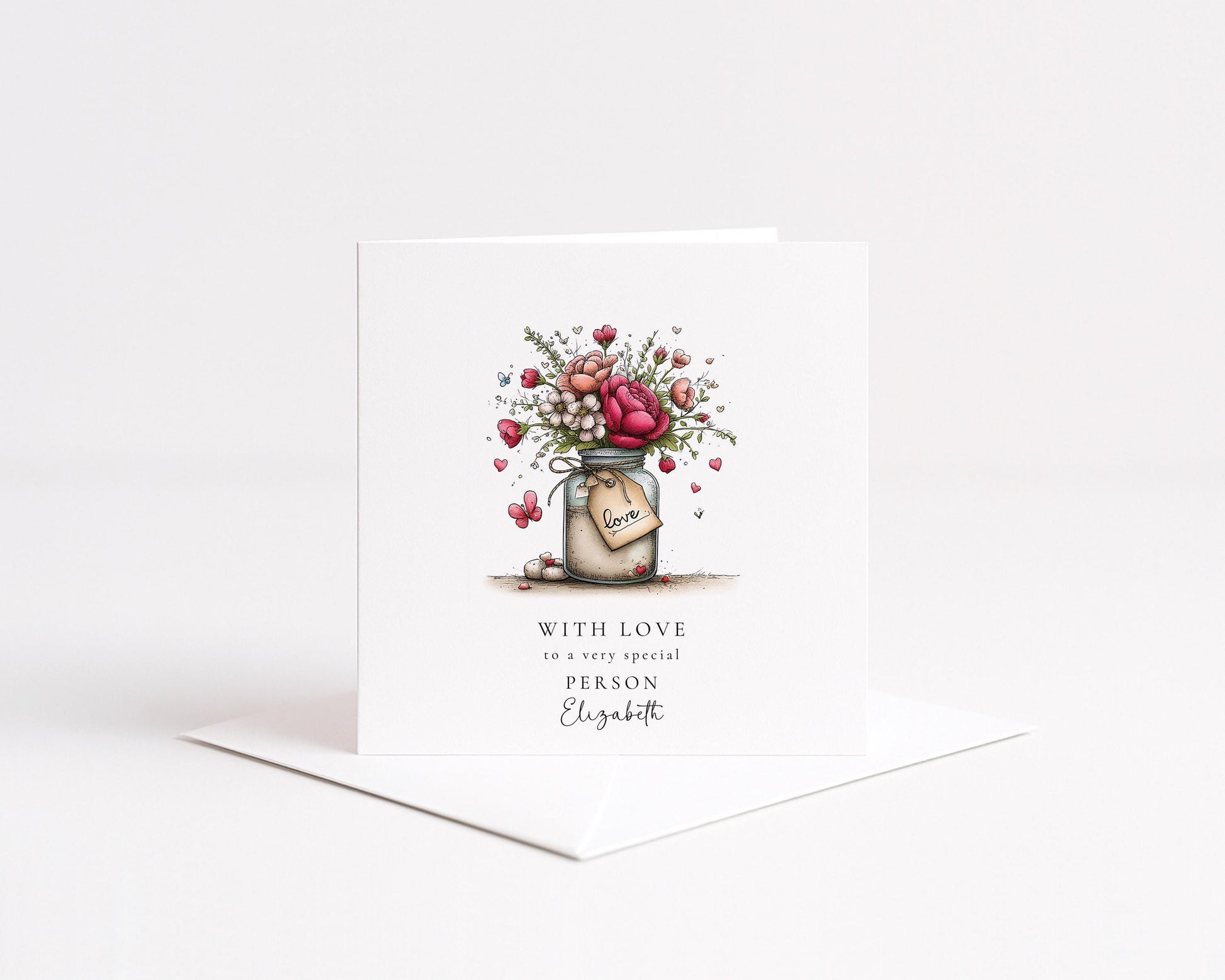 With Love Card, Floral Jar Greeting Card for a Special Person, Thinking of You Card, Personalised Name Card