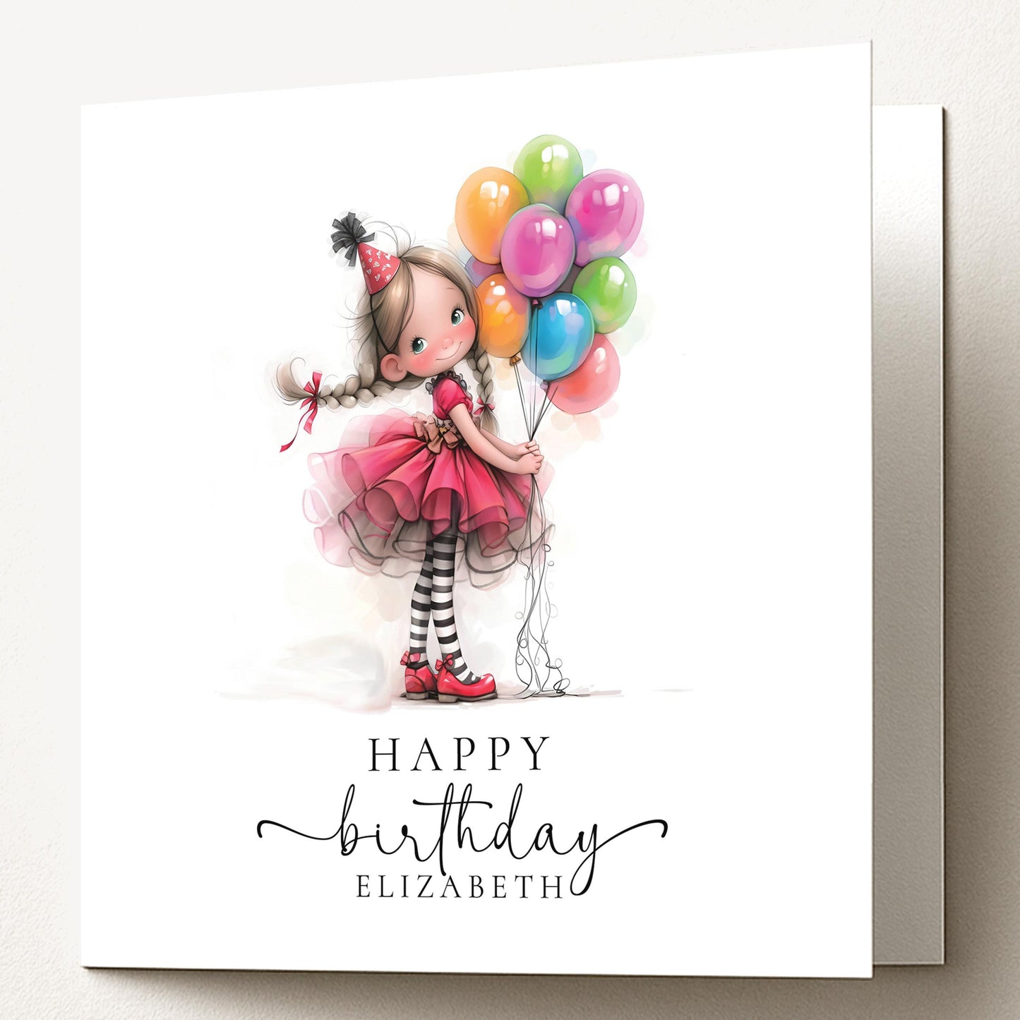 Personalised Girl Birthday Card, Cute Birthday Girl Illustration, Custom Name Card, Birthday Card for Daughter, Granddaughter, Niece