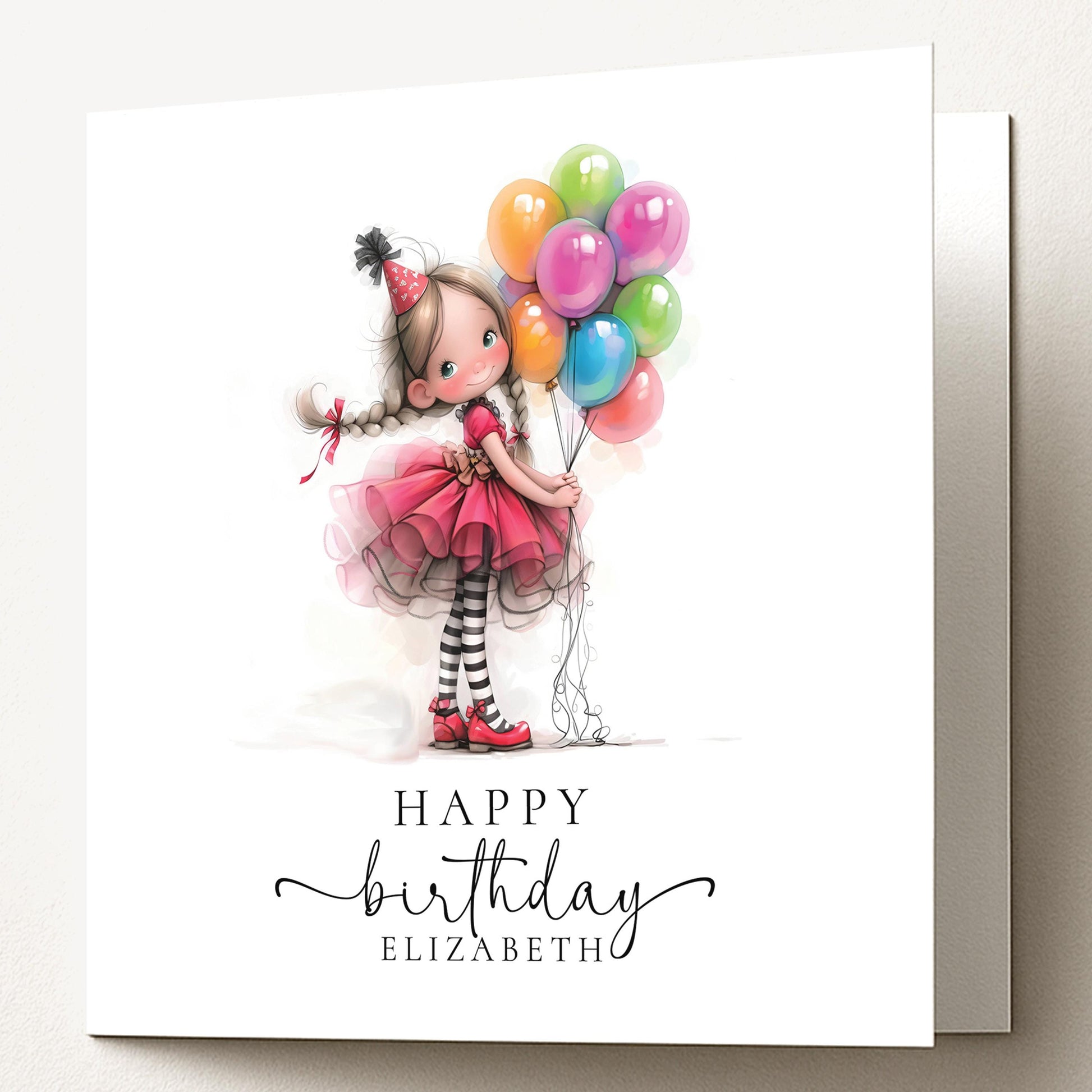 Personalised Girl Birthday Card, Cute Birthday Girl Illustration, Custom Name Card, Birthday Card for Daughter, Granddaughter, Niece