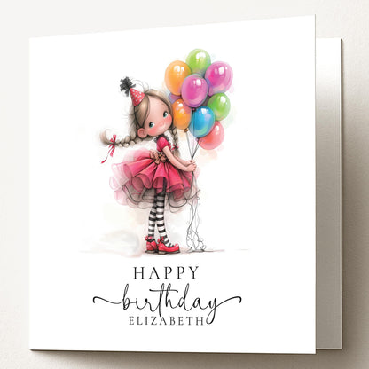 Personalised Girl Birthday Card, Cute Birthday Girl Illustration, Custom Name Card, Birthday Card for Daughter, Granddaughter, Niece