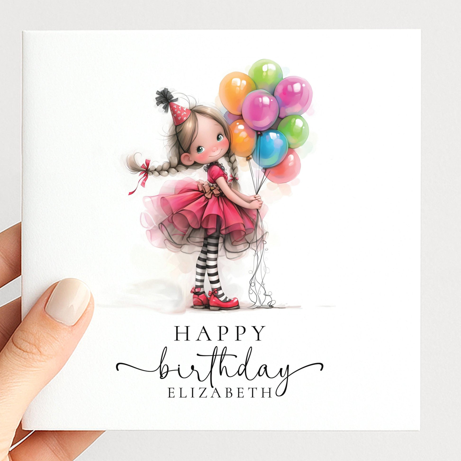 Personalised Girl Birthday Card, Cute Birthday Girl Illustration, Custom Name Card, Birthday Card for Daughter, Granddaughter, Niece