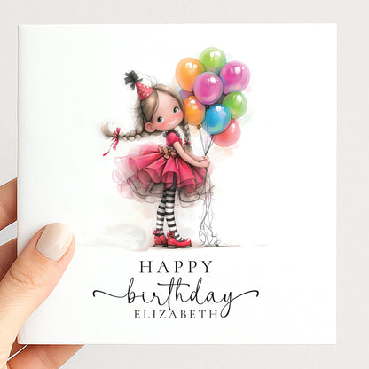 Personalised Girl Birthday Card, Cute Birthday Girl Illustration, Custom Name Card, Birthday Card for Daughter, Granddaughter, Niece