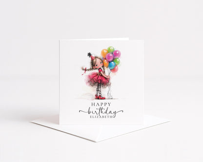Personalised Girl Birthday Card, Cute Birthday Girl Illustration, Custom Name Card, Birthday Card for Daughter, Granddaughter, Niece