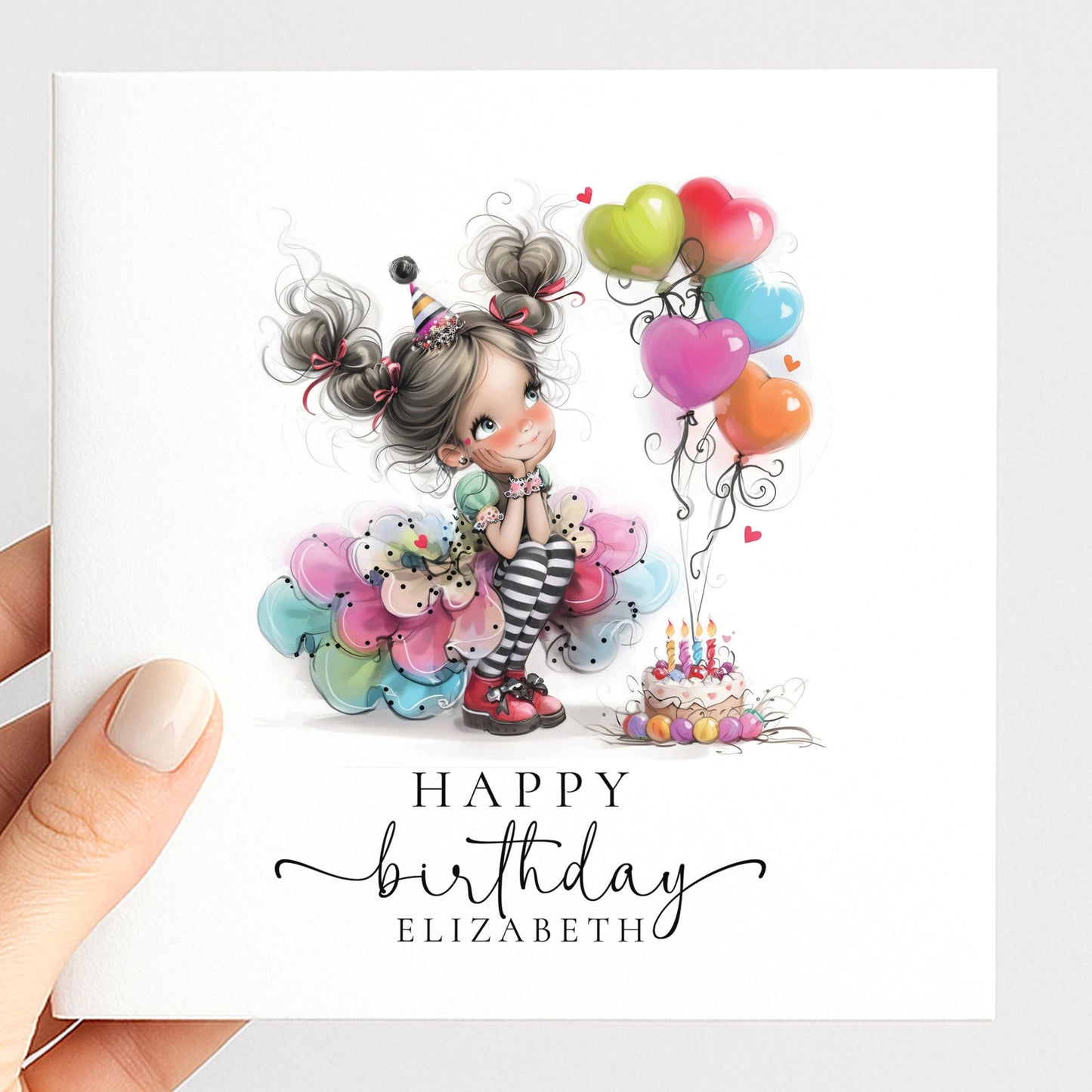 Personalised Girl Birthday Card, Cute Birthday Girl Illustration, Custom Name Card, Birthday Card for Daughter, Granddaughter, Niece