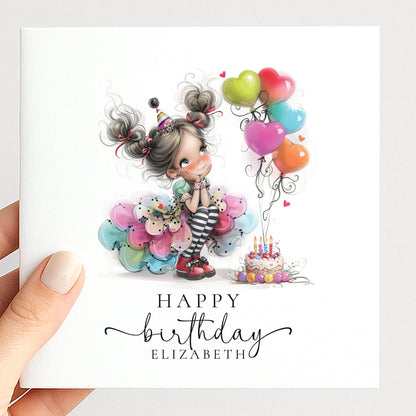Personalised Girl Birthday Card, Cute Birthday Girl Illustration, Custom Name Card, Birthday Card for Daughter, Granddaughter, Niece