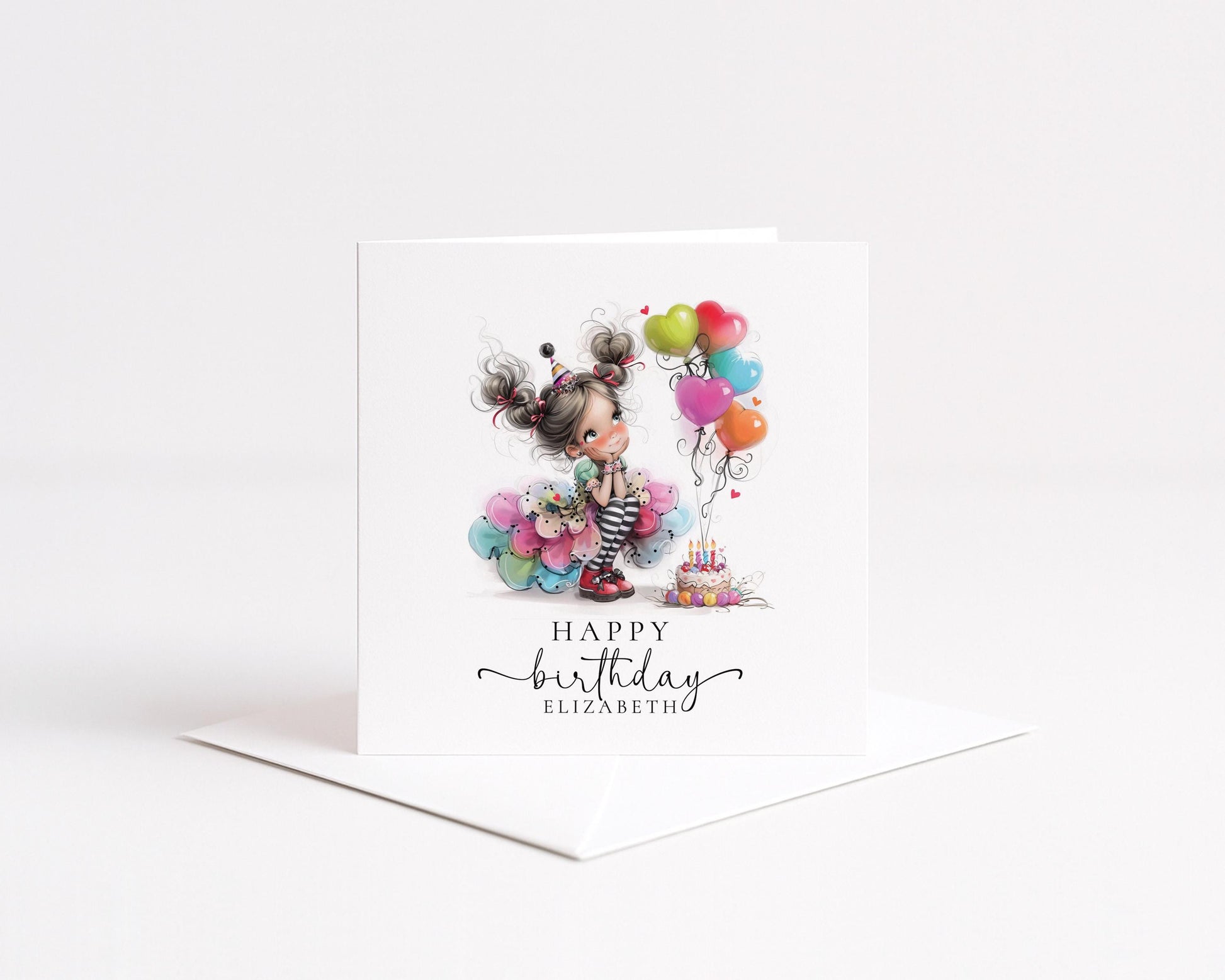 Personalised Girl Birthday Card, Cute Birthday Girl Illustration, Custom Name Card, Birthday Card for Daughter, Granddaughter, Niece