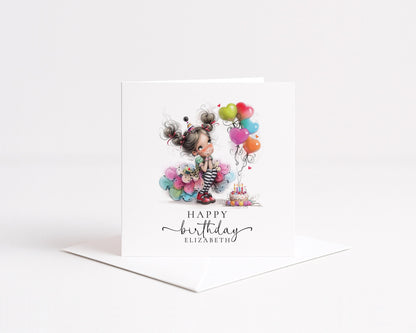 Personalised Girl Birthday Card, Cute Birthday Girl Illustration, Custom Name Card, Birthday Card for Daughter, Granddaughter, Niece