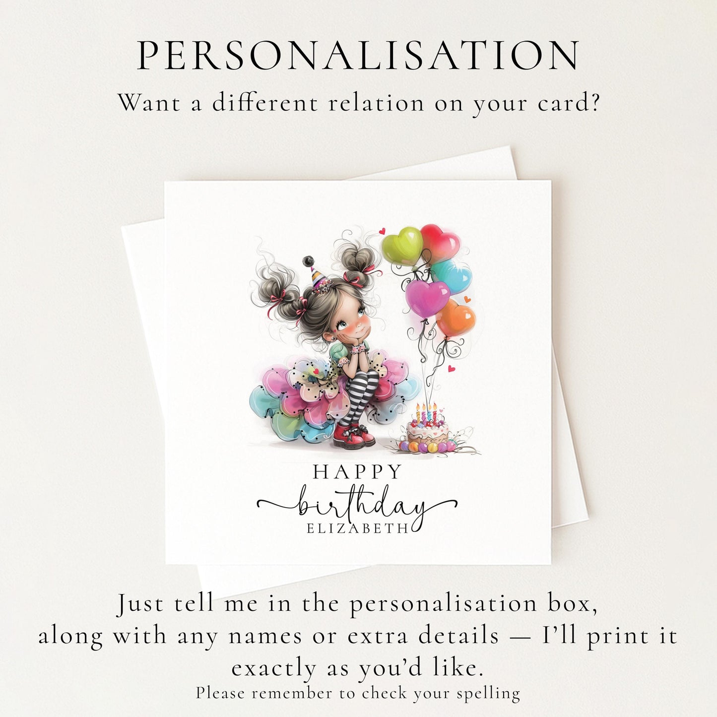 Personalised Girl Birthday Card, Cute Birthday Girl Illustration, Custom Name Card, Birthday Card for Daughter, Granddaughter, Niece