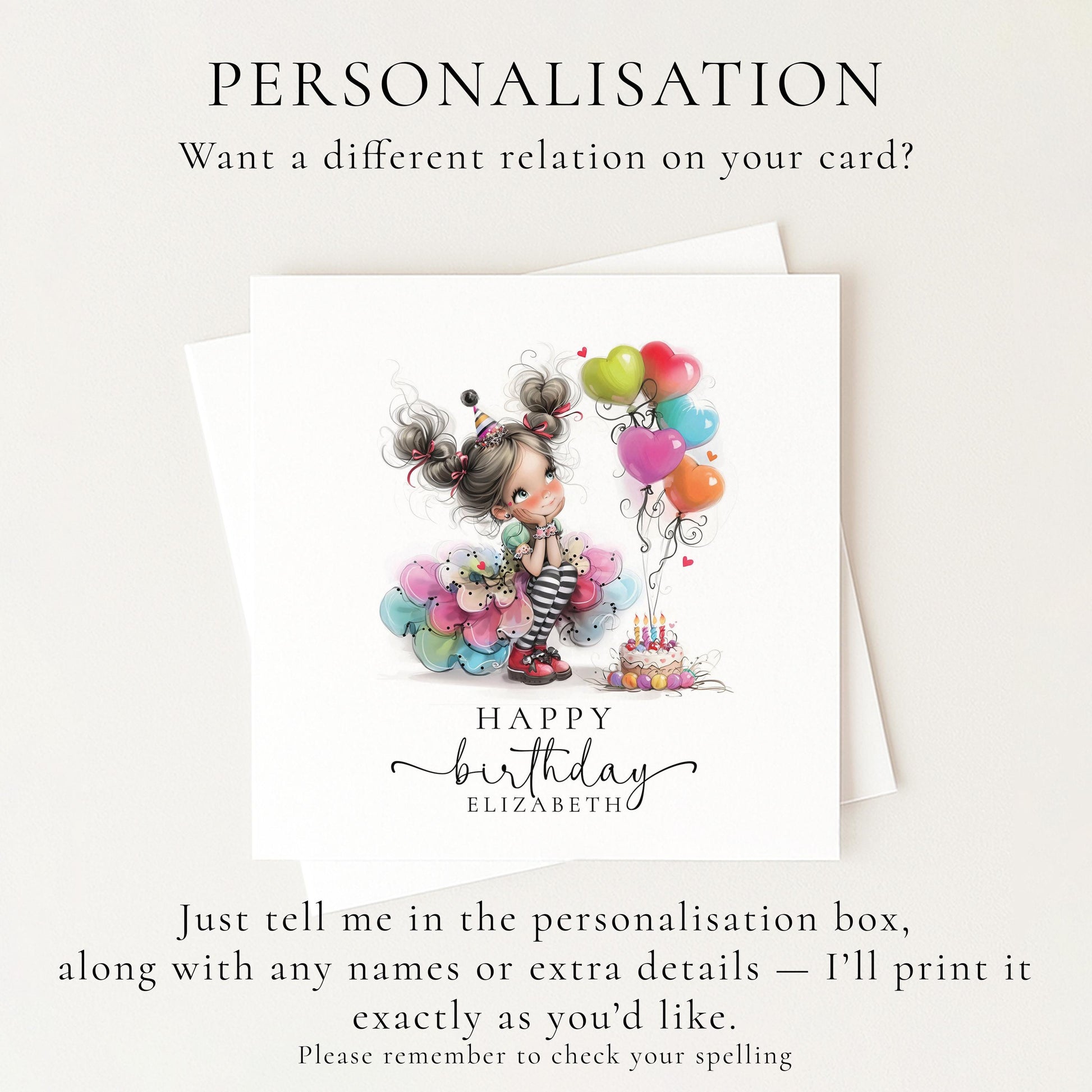 Personalised Girl Birthday Card, Cute Birthday Girl Illustration, Custom Name Card, Birthday Card for Daughter, Granddaughter, Niece