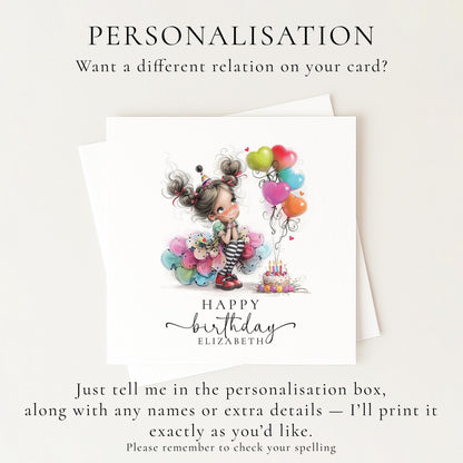 Personalised Girl Birthday Card, Cute Birthday Girl Illustration, Custom Name Card, Birthday Card for Daughter, Granddaughter, Niece