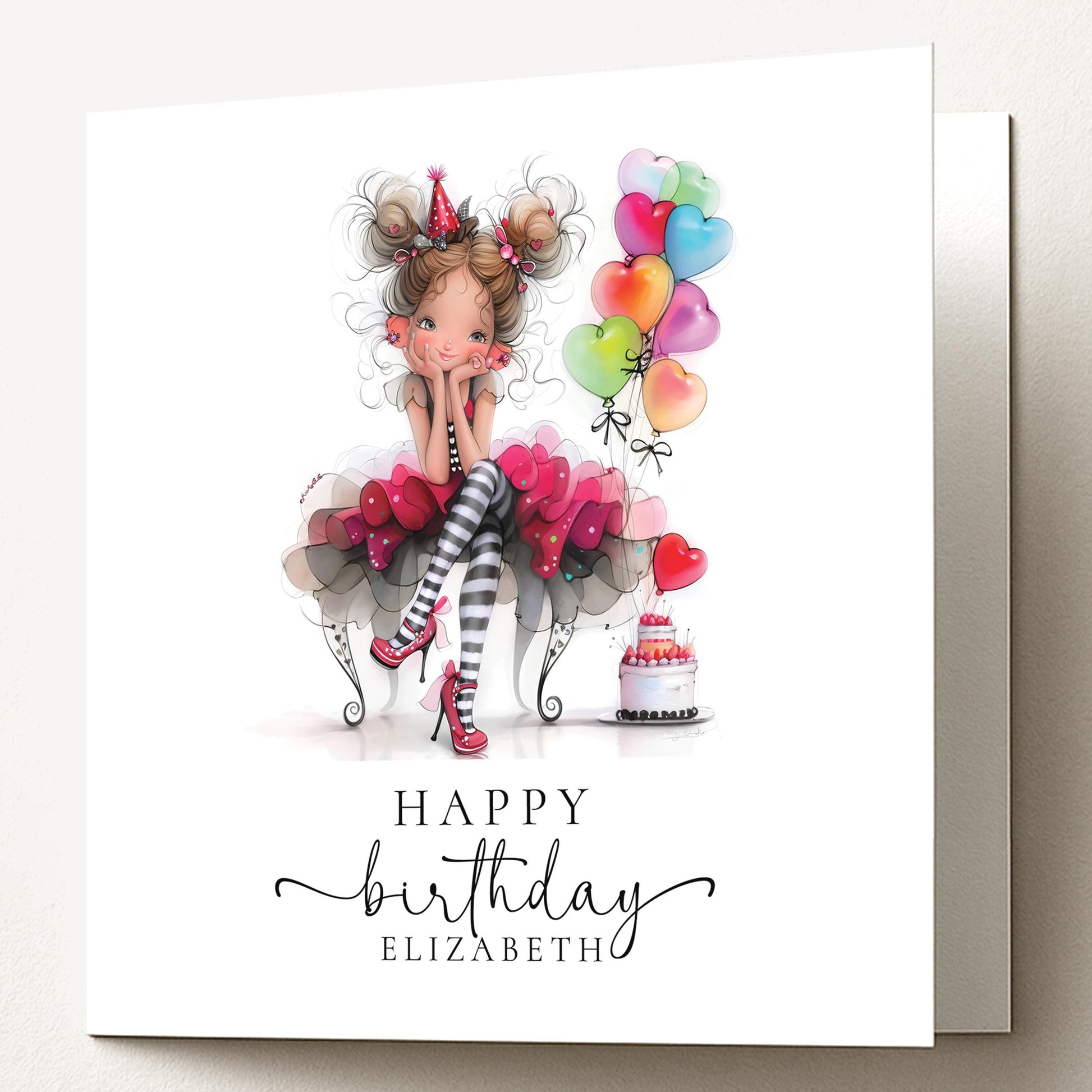 Personalised Girl Birthday Card, Cute Birthday Girl Illustration, Custom Name Card, Birthday Card for Daughter, Granddaughter, Niece