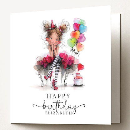 Personalised Girl Birthday Card, Cute Birthday Girl Illustration, Custom Name Card, Birthday Card for Daughter, Granddaughter, Niece