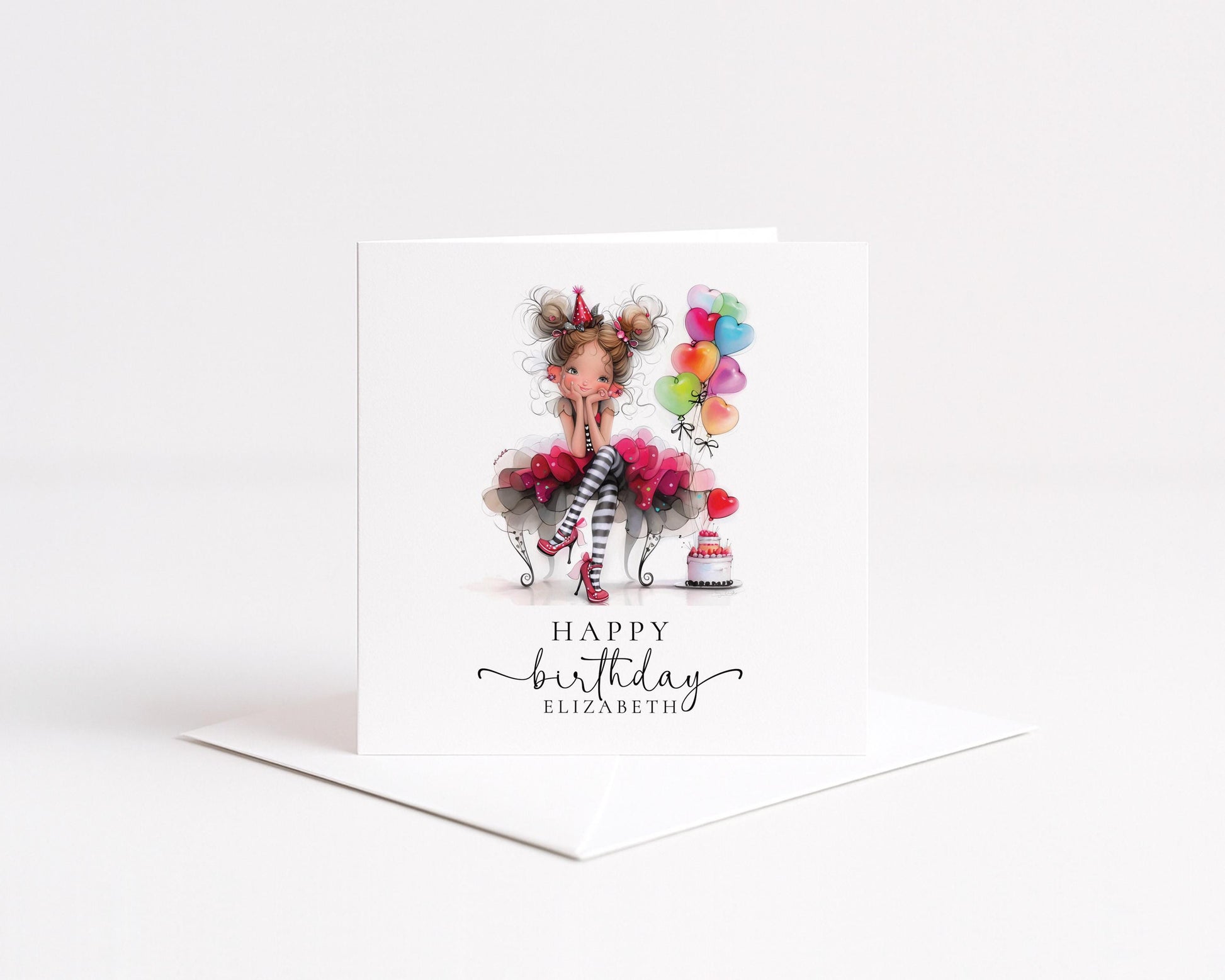 Personalised Girl Birthday Card, Cute Birthday Girl Illustration, Custom Name Card, Birthday Card for Daughter, Granddaughter, Niece