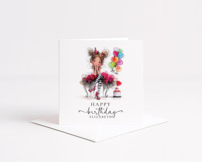Personalised Girl Birthday Card, Cute Birthday Girl Illustration, Custom Name Card, Birthday Card for Daughter, Granddaughter, Niece