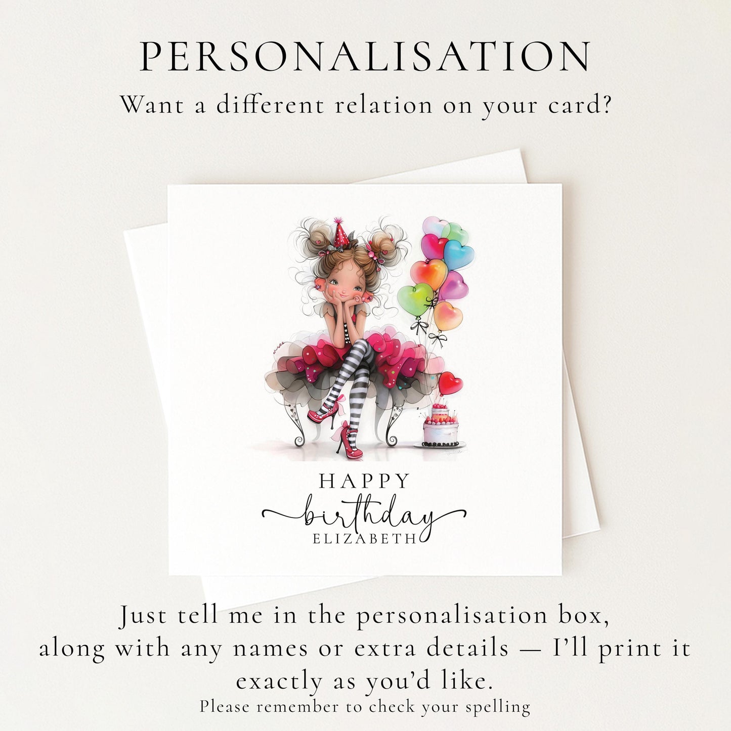 Personalised Girl Birthday Card, Cute Birthday Girl Illustration, Custom Name Card, Birthday Card for Daughter, Granddaughter, Niece