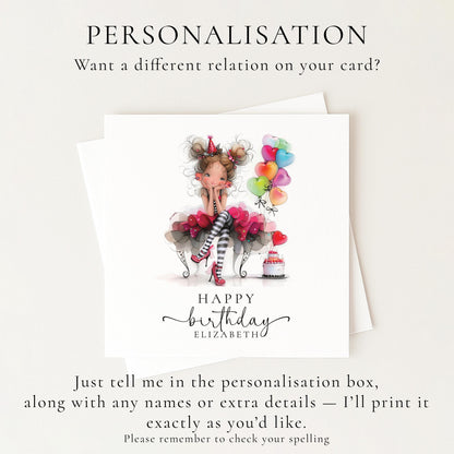 Personalised Girl Birthday Card, Cute Birthday Girl Illustration, Custom Name Card, Birthday Card for Daughter, Granddaughter, Niece