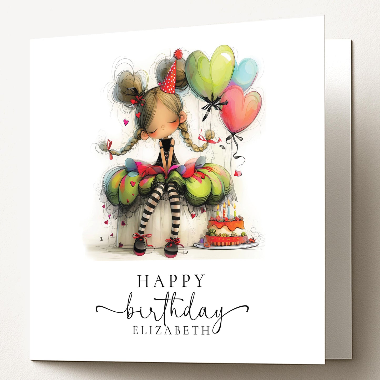 Personalised Girl Birthday Card, Cute Birthday Girl Illustration, Custom Name Card, Birthday Card for Daughter, Granddaughter, Niece