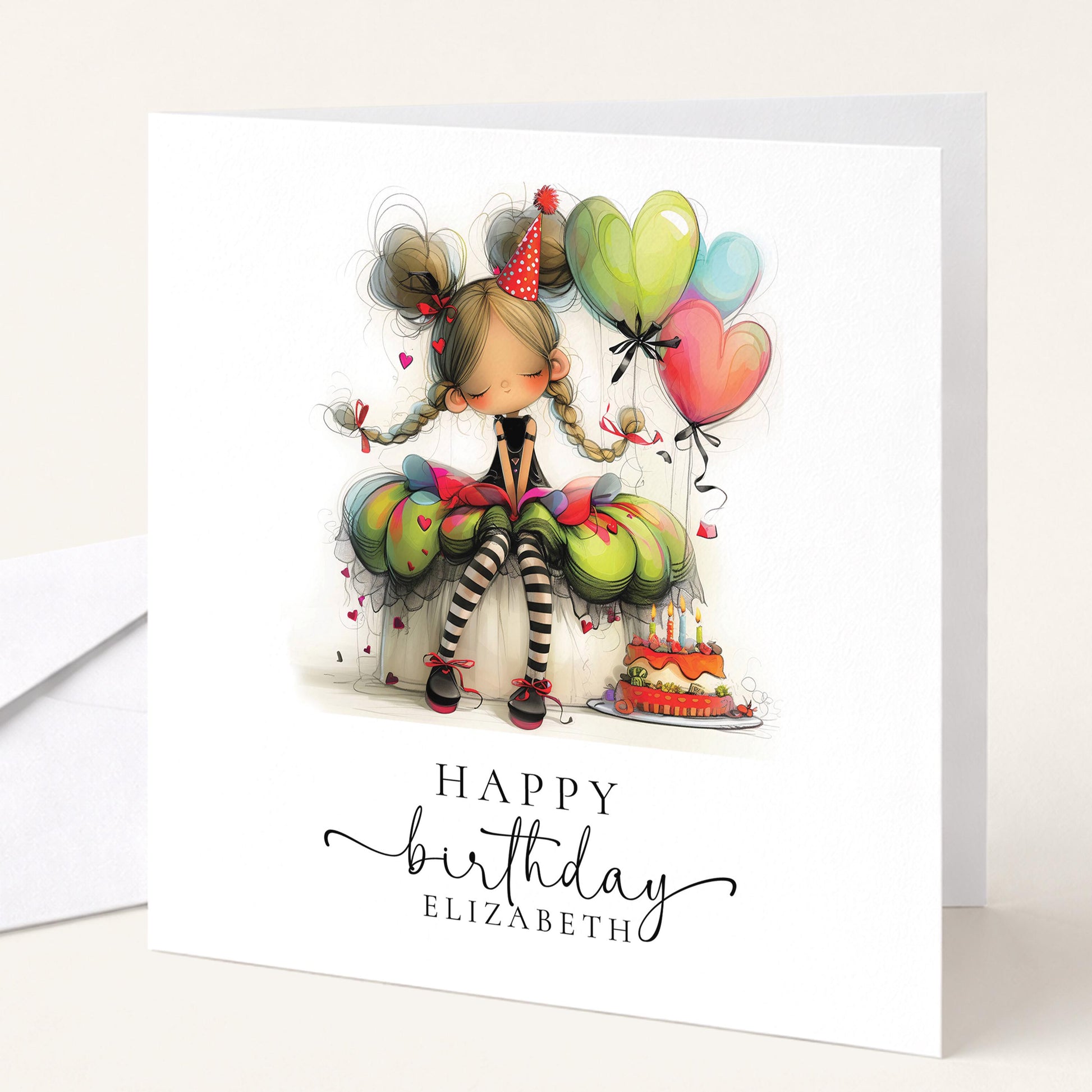 Personalised Girl Birthday Card, Cute Birthday Girl Illustration, Custom Name Card, Birthday Card for Daughter, Granddaughter, Niece