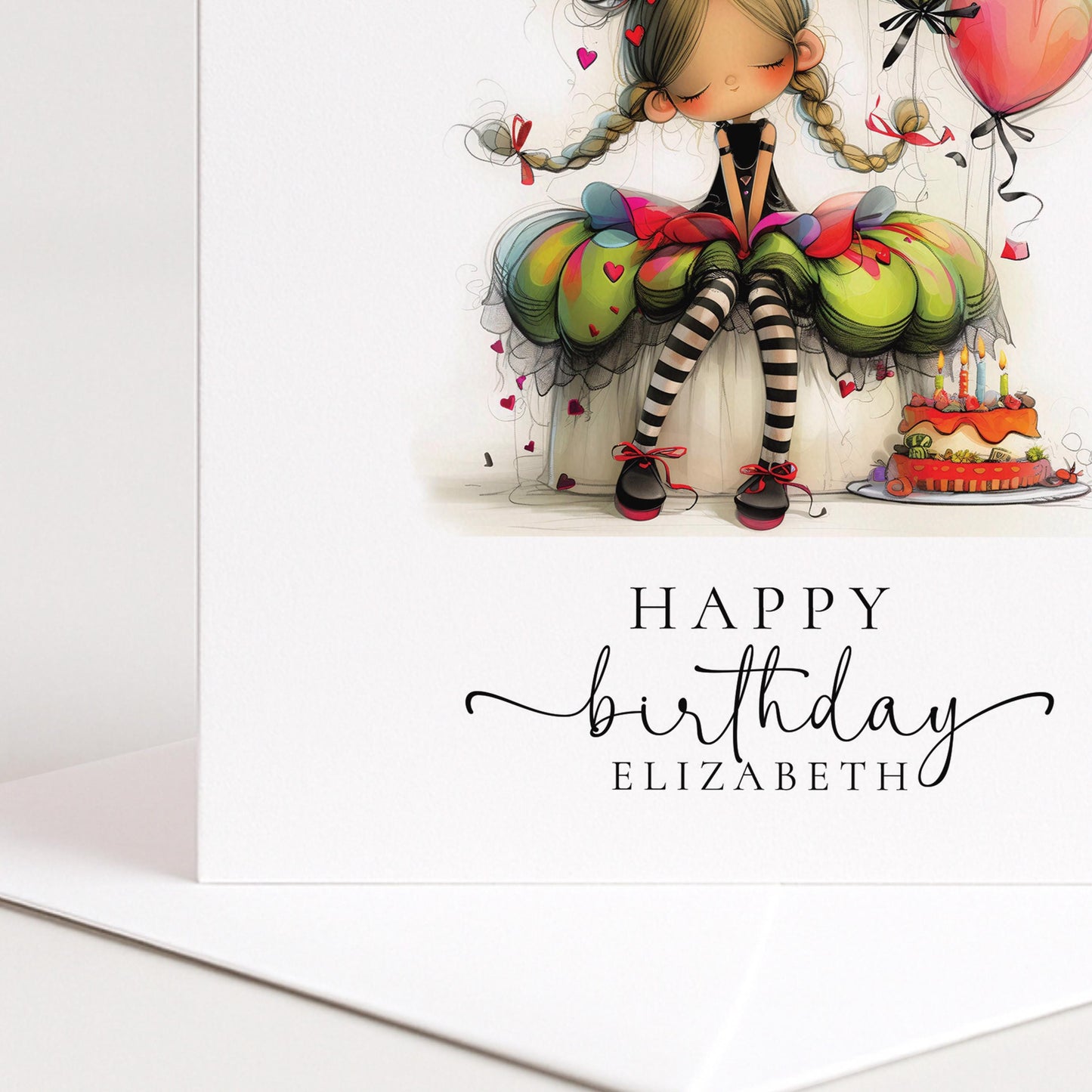 Personalised Girl Birthday Card, Cute Birthday Girl Illustration, Custom Name Card, Birthday Card for Daughter, Granddaughter, Niece