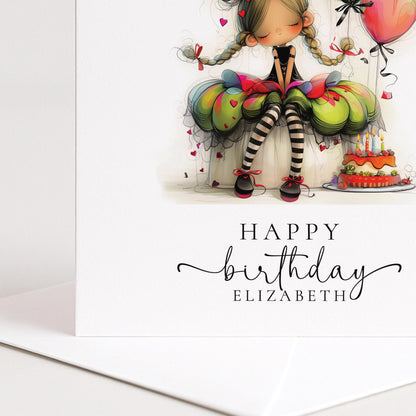 Personalised Girl Birthday Card, Cute Birthday Girl Illustration, Custom Name Card, Birthday Card for Daughter, Granddaughter, Niece