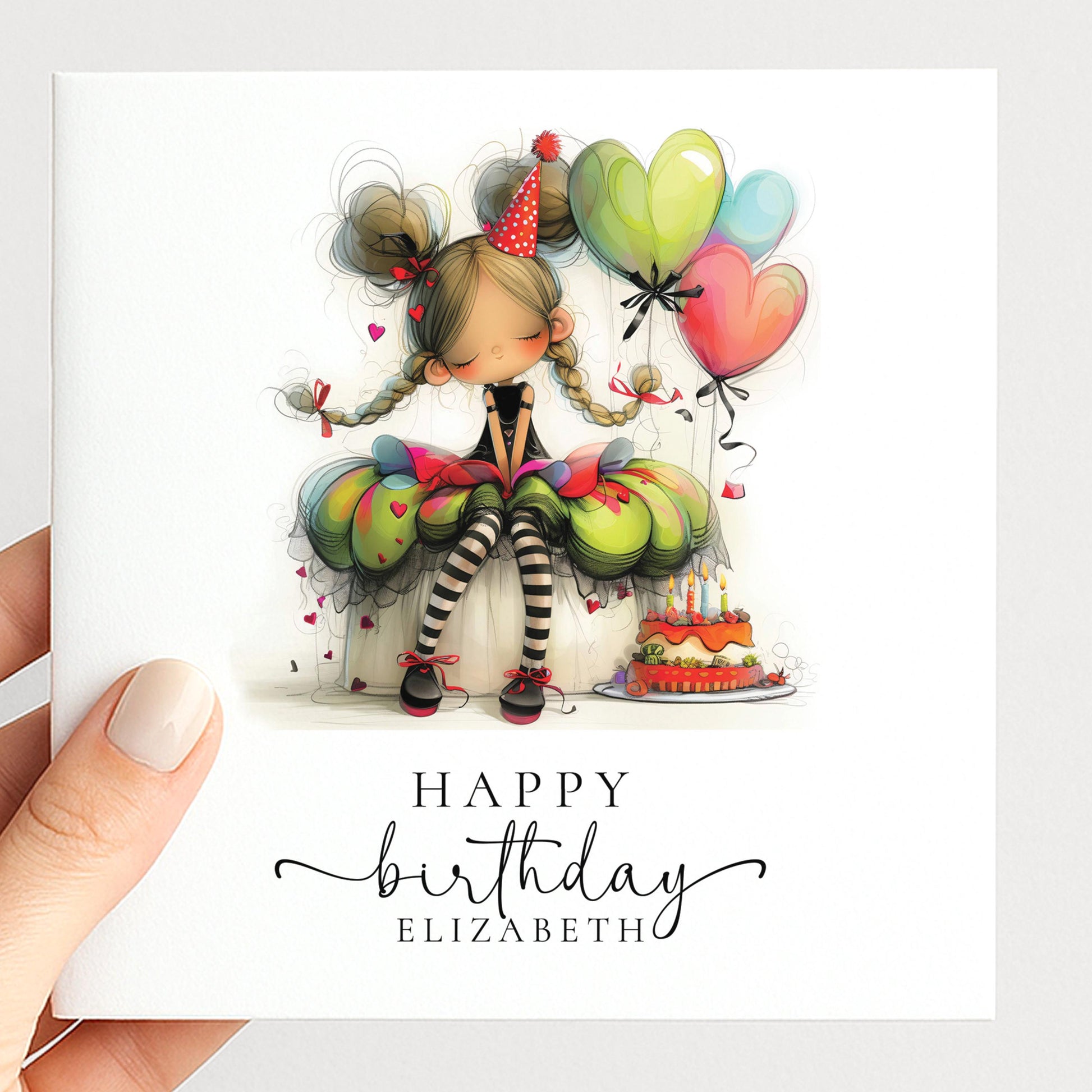 Personalised Girl Birthday Card, Cute Birthday Girl Illustration, Custom Name Card, Birthday Card for Daughter, Granddaughter, Niece