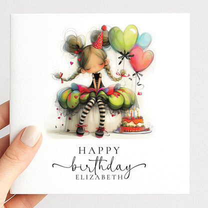 Personalised Girl Birthday Card, Cute Birthday Girl Illustration, Custom Name Card, Birthday Card for Daughter, Granddaughter, Niece