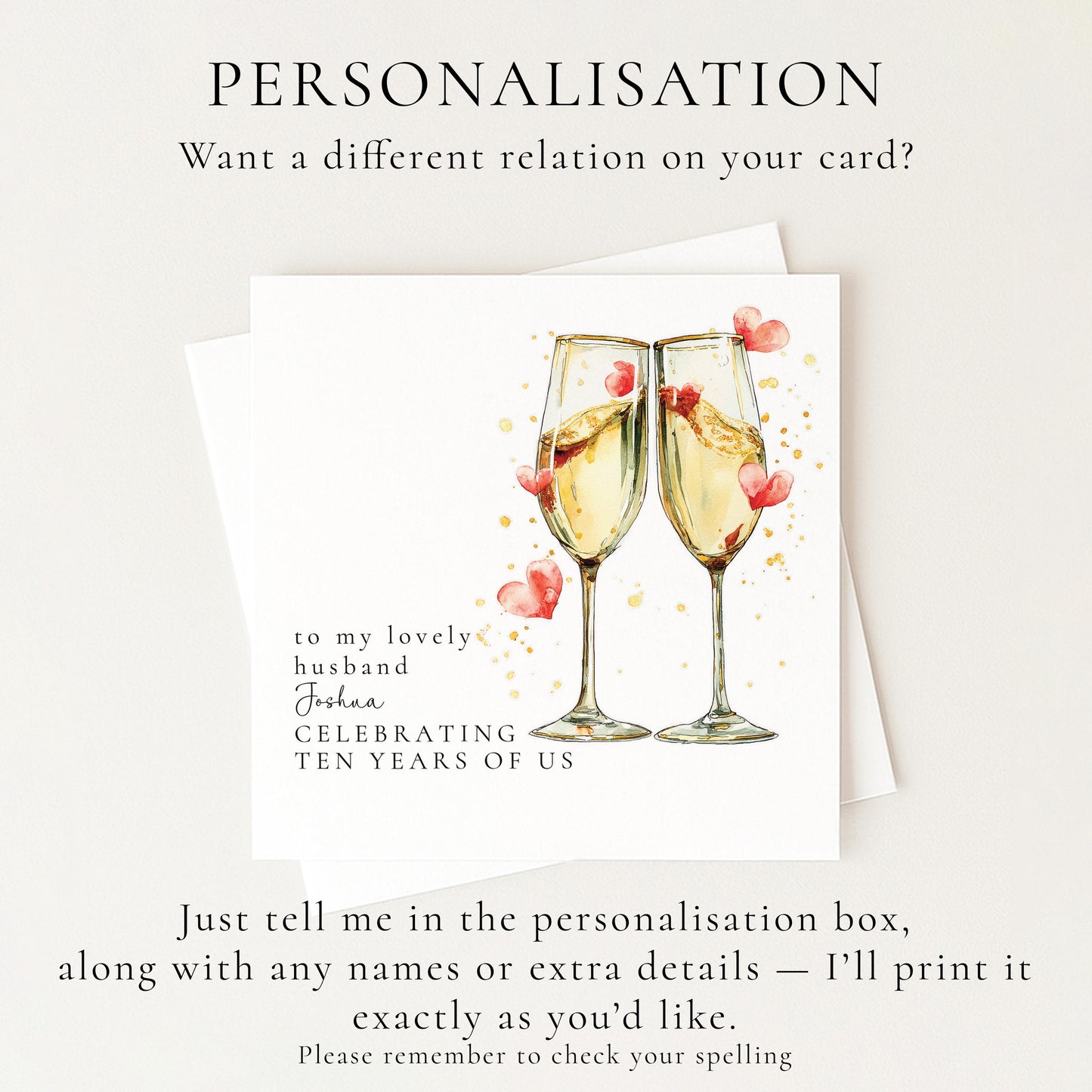 10 Year Anniversary Card for Husband, Champagne Glasses Anniversary Card, Personalised Wedding Anniversary Card