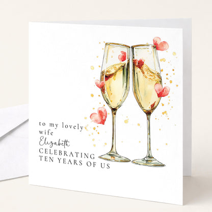 10 Year Anniversary Card for Wife, Champagne Glasses Anniversary Card, Personalised Wedding Anniversary Card