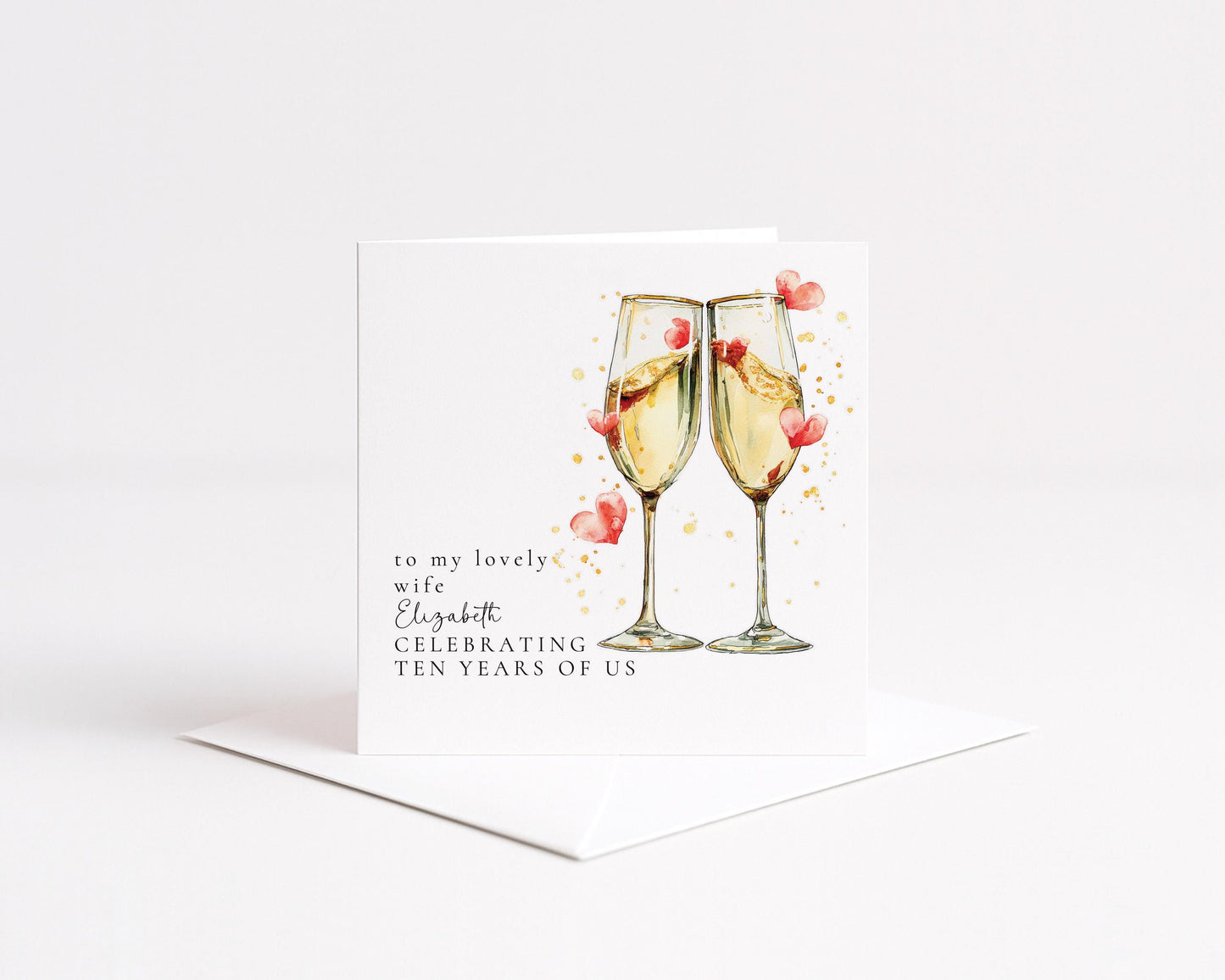 10 Year Anniversary Card for Wife, Champagne Glasses Anniversary Card, Personalised Wedding Anniversary Card
