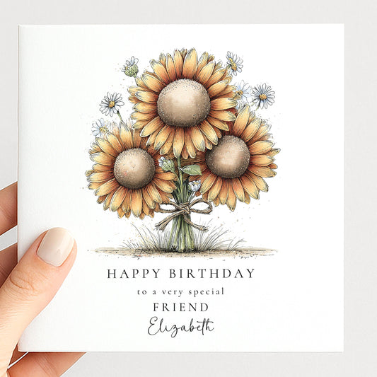 Birthday Card for Friend, Sunflower Birthday Card, Happy Birthday Friend Card, Personalised Flower Birthday Card