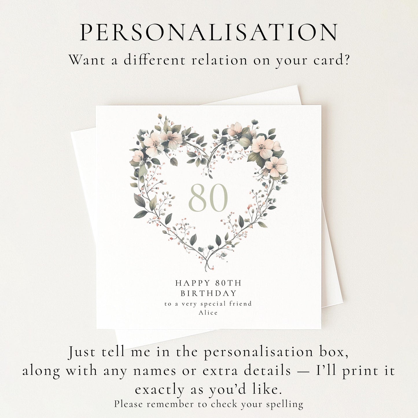 80th Birthday Card for Her, Floral Heart Milestone Birthday Card, Personalised Name Card, Special Friend Birthday Card for Women