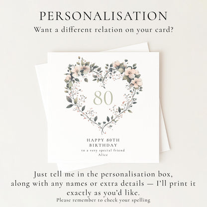 80th Birthday Card for Her, Floral Heart Milestone Birthday Card, Personalised Name Card, Special Friend Birthday Card for Women
