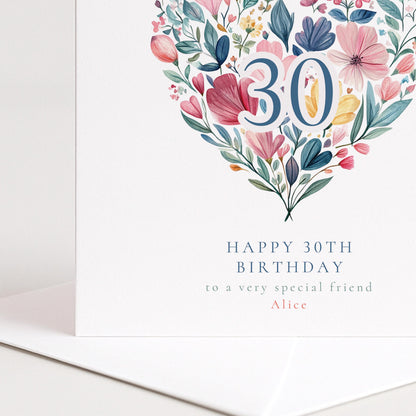 30th Birthday Card for Her, Floral Heart Milestone Birthday Card, Personalised Birthday Card for Women, Special Friend Card