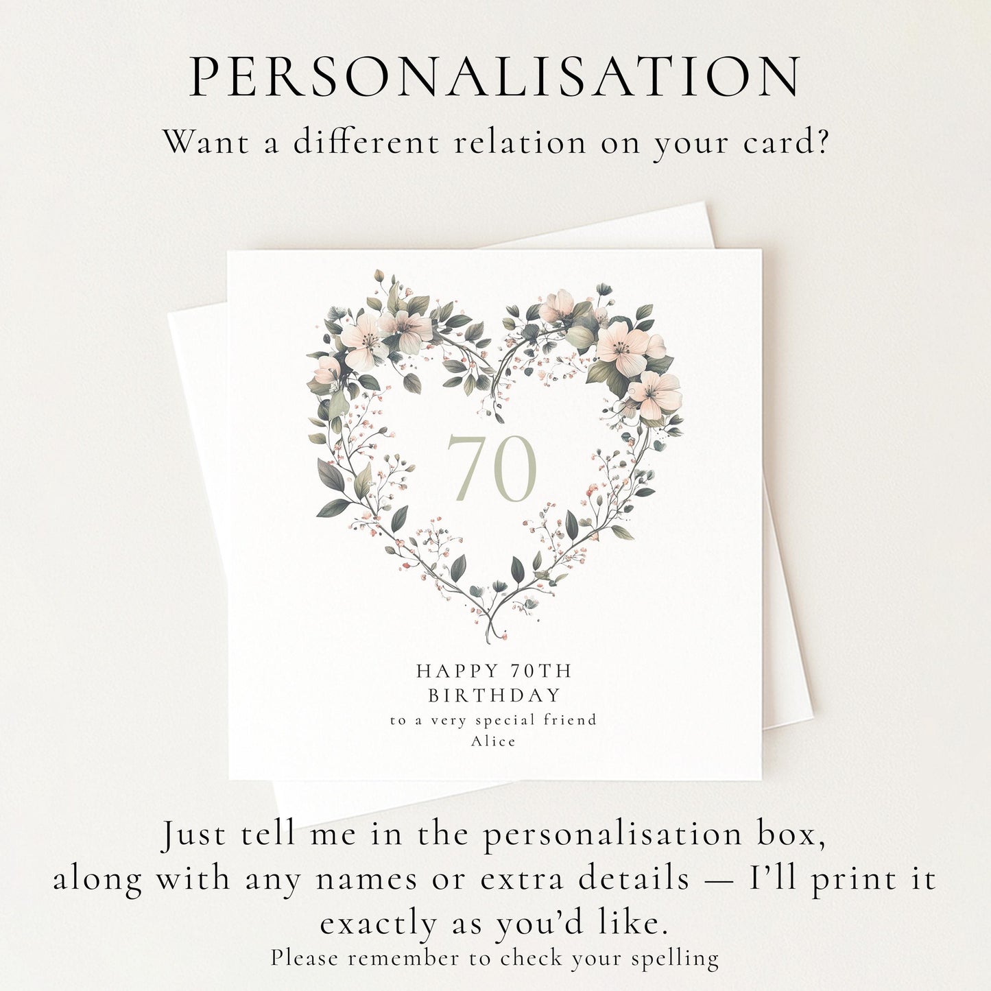 70th Birthday Card for Her, Floral Heart Milestone Birthday Card, Personalised Name Birthday Card, Special Friend Card for Women