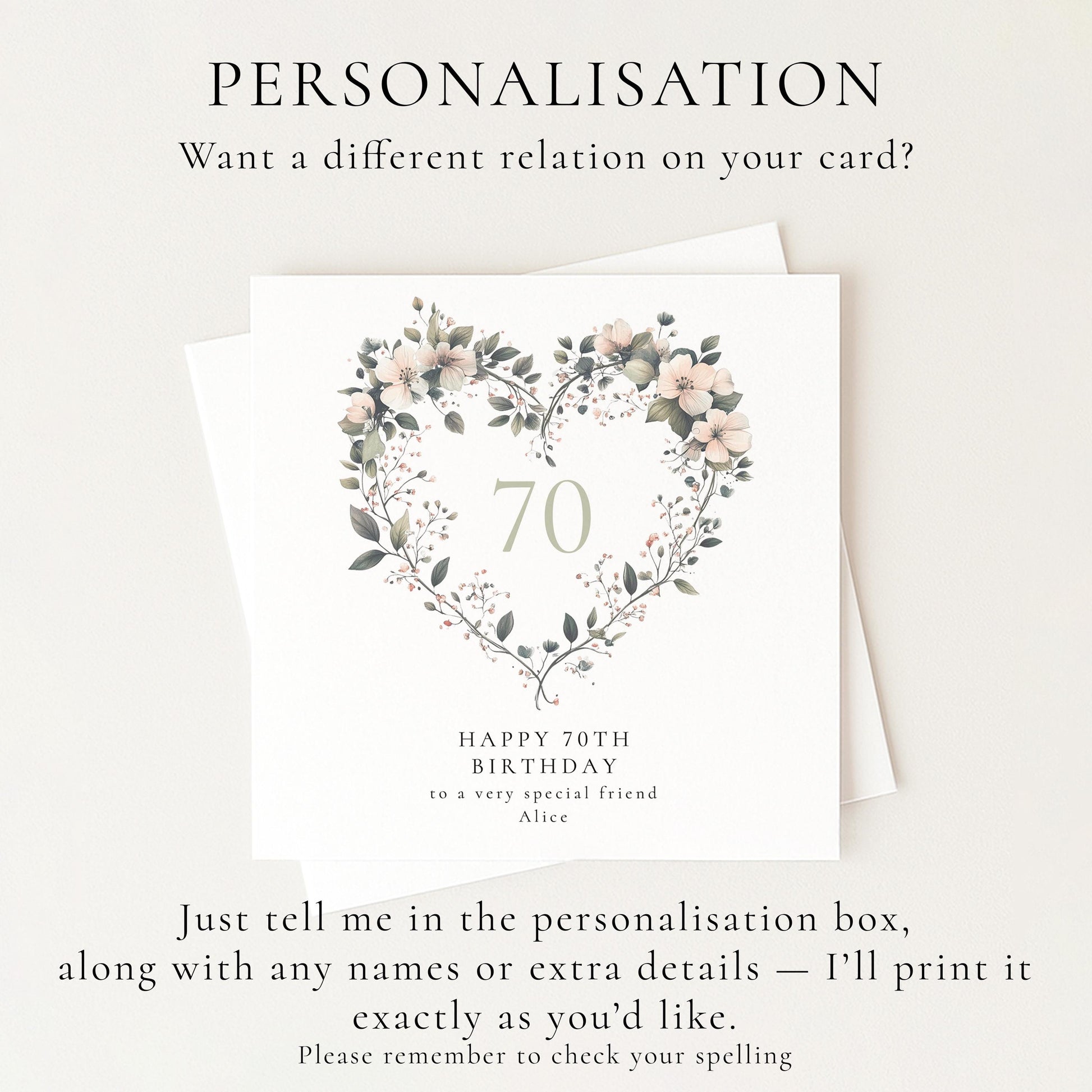 70th Birthday Card for Her, Floral Heart Milestone Birthday Card, Personalised Name Birthday Card, Special Friend Card for Women