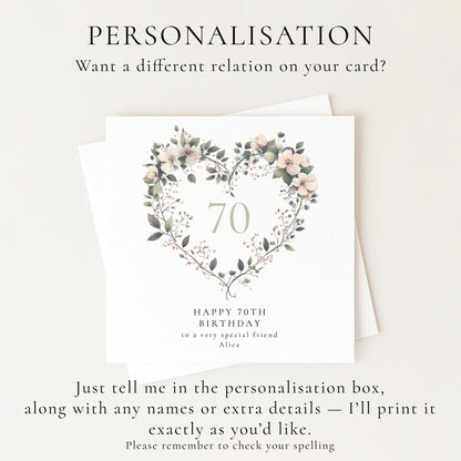 70th Birthday Card for Her, Floral Heart Milestone Birthday Card, Personalised Name Birthday Card, Special Friend Card for Women