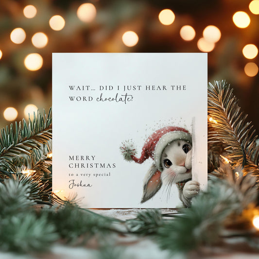 Funny Christmas Card Chocolate Lover, Cute Bunny Xmas Card Personalised, Kids Christmas Card, Cute Animal Christmas Card