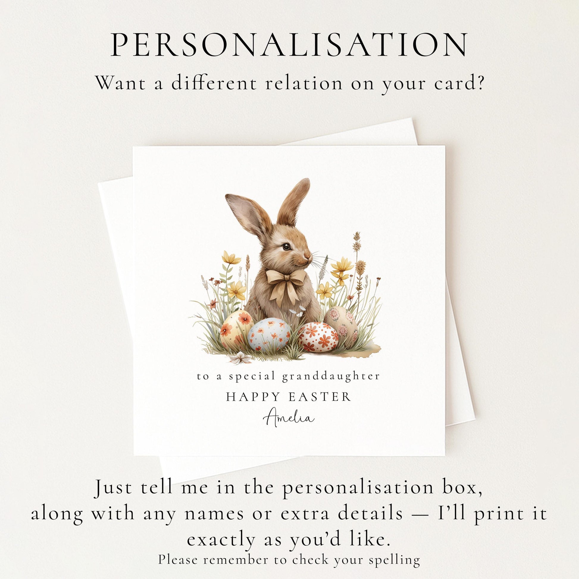Grandchild Easter Card, Personalised Bunny Easter Card, Cute Spring Bunny Card for Granddaughter, Custom Name Printed Easter Card
