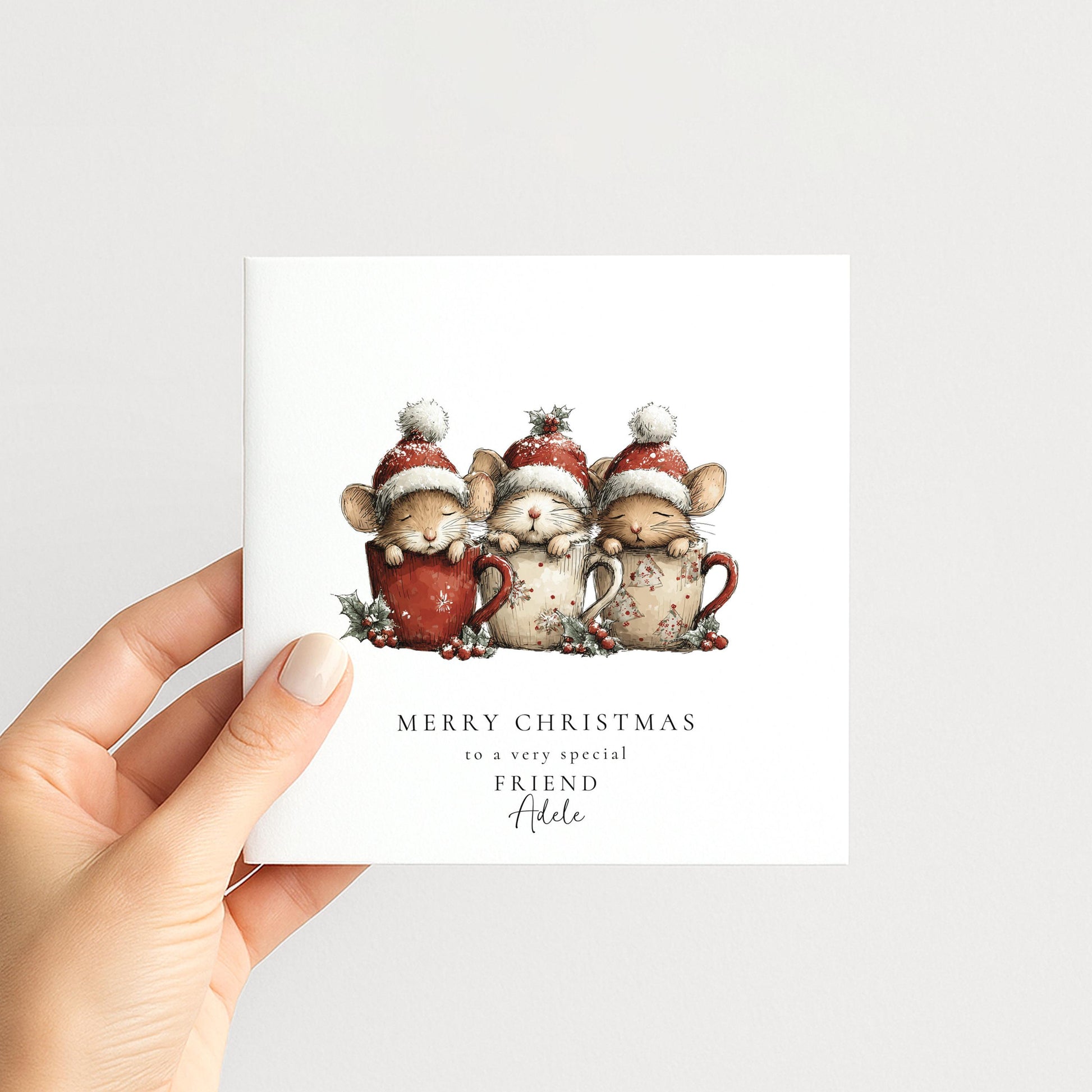 Friend Christmas Card, Cute Mice Christmas Card, Personalised Friend Xmas Card, Cosy Mug Mice Card, Custom Name Printed Christmas Card