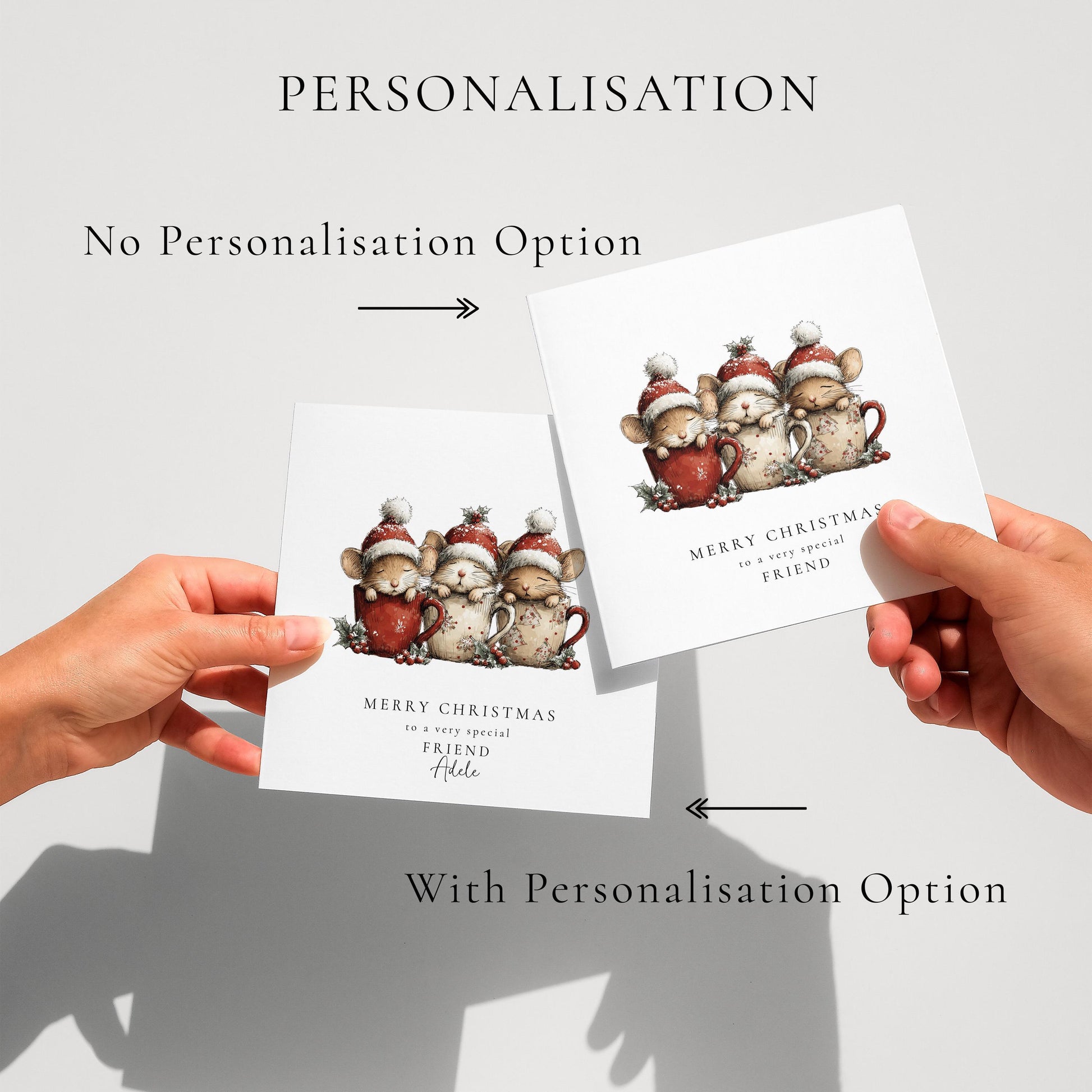 Friend Christmas Card, Cute Mice Christmas Card, Personalised Friend Xmas Card, Cosy Mug Mice Card, Custom Name Printed Christmas Card