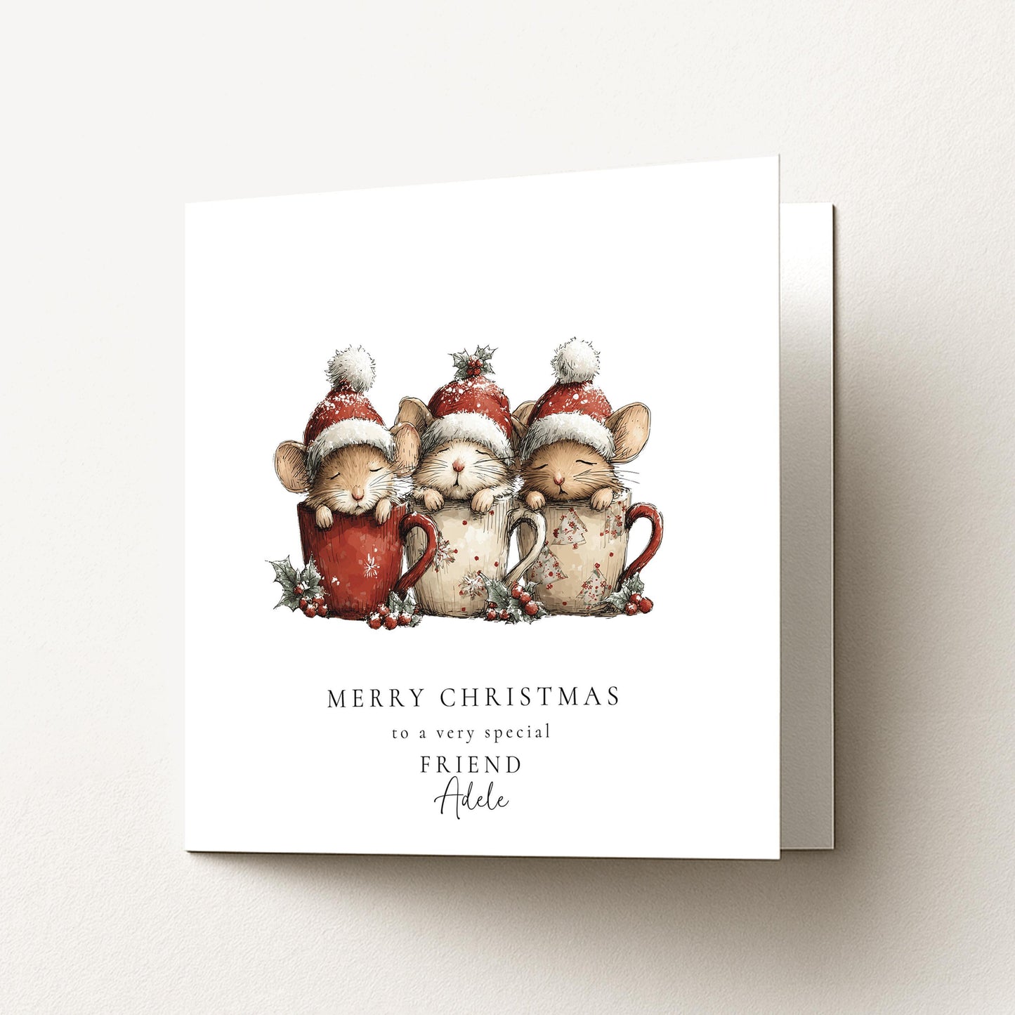 Friend Christmas Card, Cute Mice Christmas Card, Personalised Friend Xmas Card, Cosy Mug Mice Card, Custom Name Printed Christmas Card