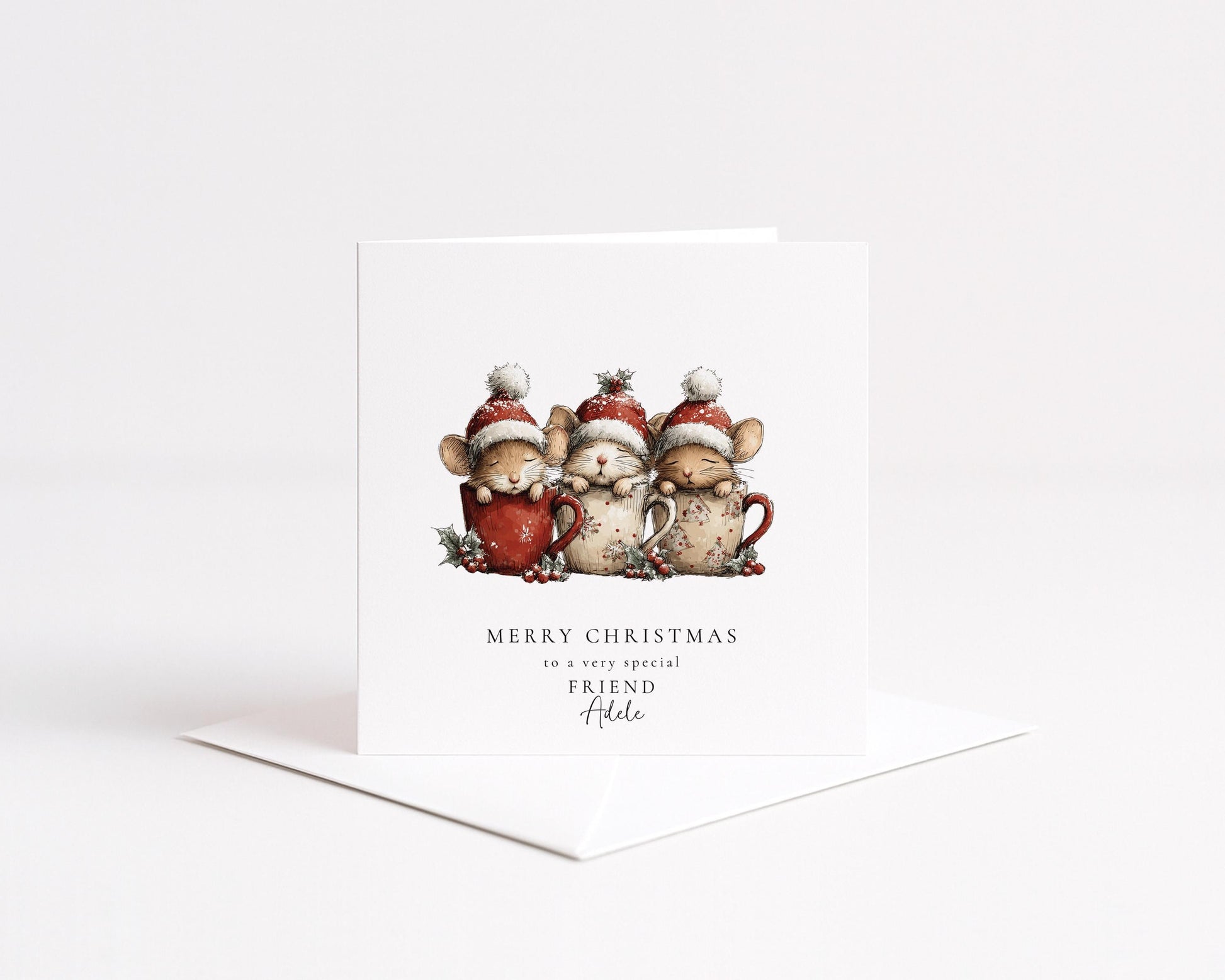 Friend Christmas Card, Cute Mice Christmas Card, Personalised Friend Xmas Card, Cosy Mug Mice Card, Custom Name Printed Christmas Card