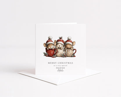 Friend Christmas Card, Cute Mice Christmas Card, Personalised Friend Xmas Card, Cosy Mug Mice Card, Custom Name Printed Christmas Card
