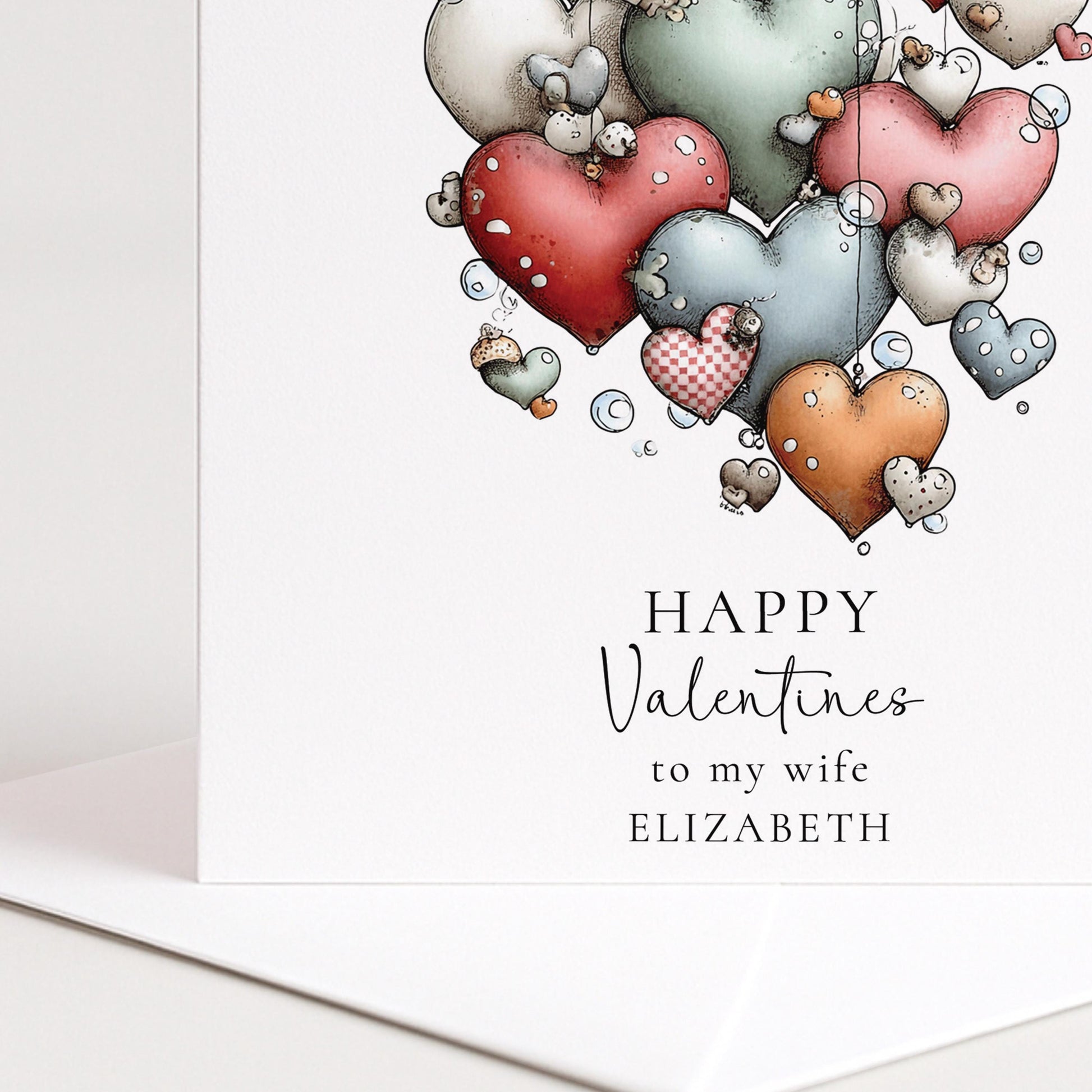 Valentines Card for Wife, Cute Hanging Hearts Valentine Card, Personalised Wife Valentine’s Day Card, Romantic Printed Card