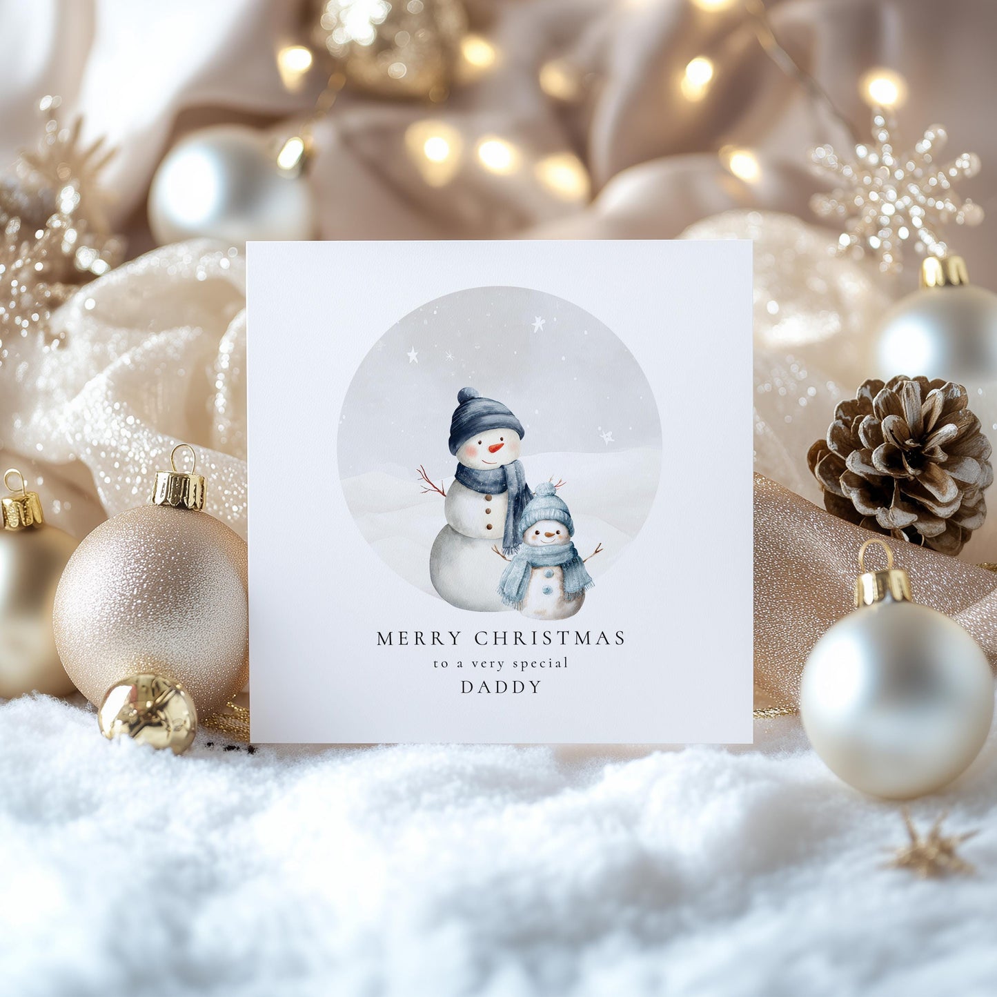 Daddy Christmas Card, Personalised Snowman Family with Son, Custom Name Card for Dad from Boy, Cute Christmas Card for Father