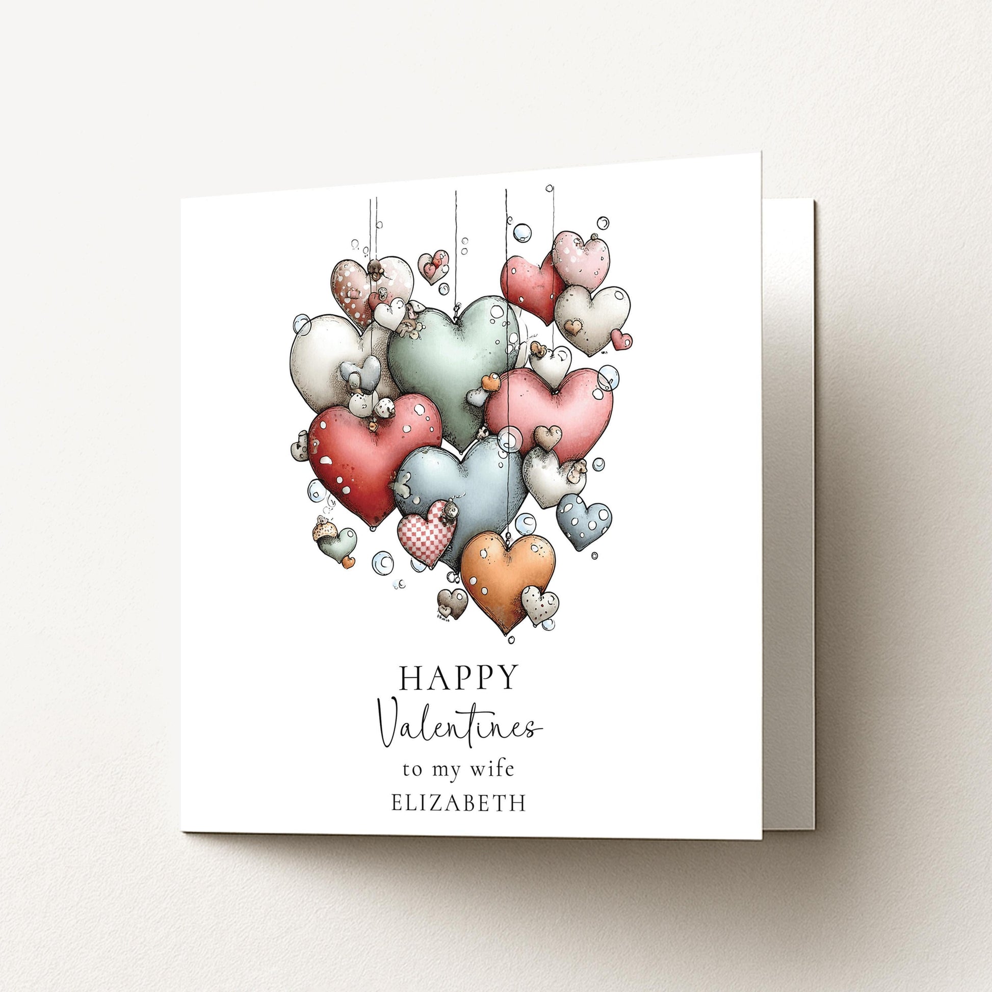 Valentines Card for Wife, Cute Hanging Hearts Valentine Card, Personalised Wife Valentine’s Day Card, Romantic Printed Card