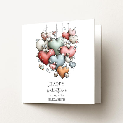 Valentines Card for Wife, Cute Hanging Hearts Valentine Card, Personalised Wife Valentine’s Day Card, Romantic Printed Card