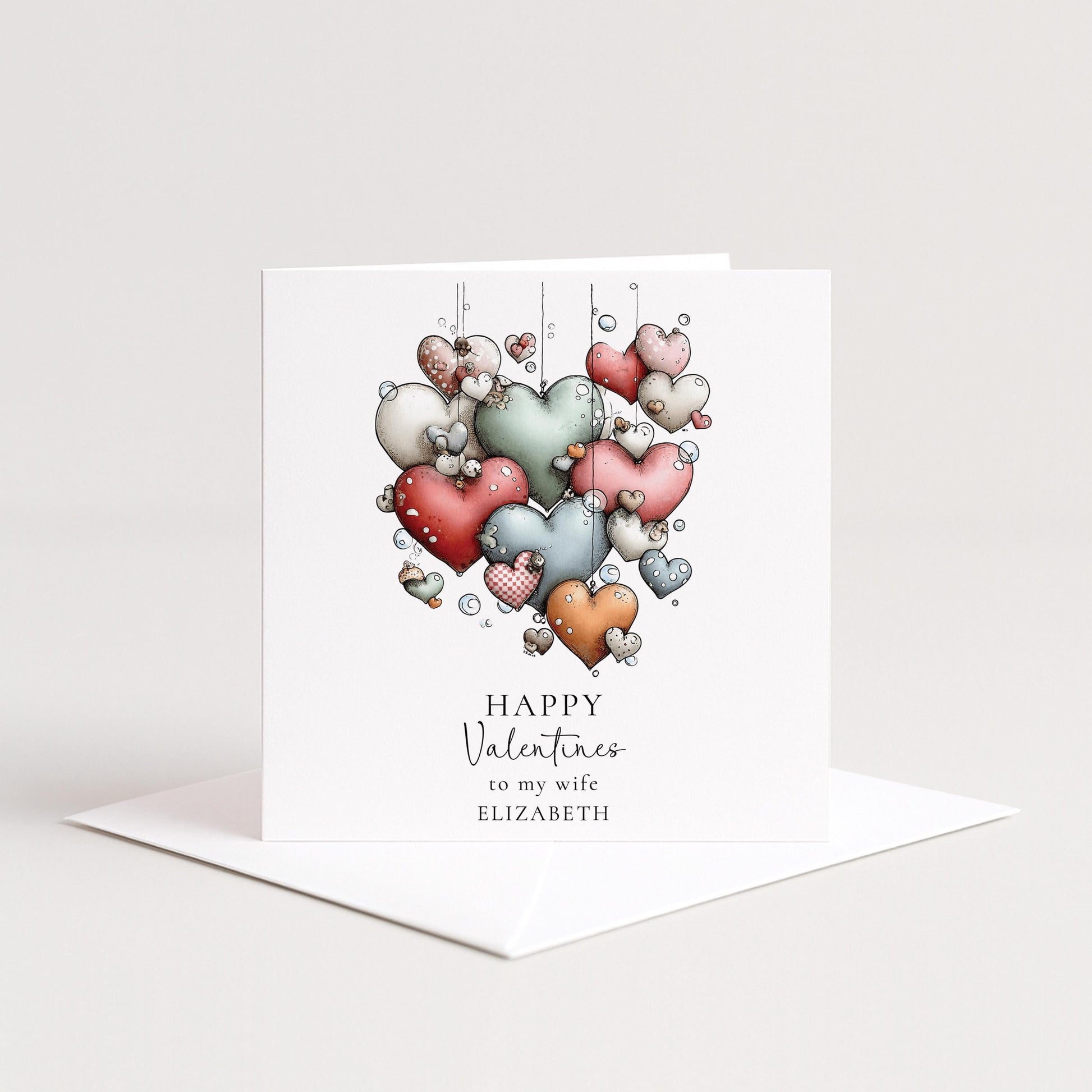 Valentines Card for Wife, Cute Hanging Hearts Valentine Card, Personalised Wife Valentine’s Day Card, Romantic Printed Card